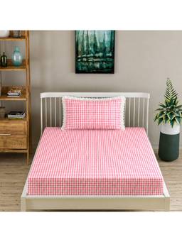 MORADO - Glace Cotton Fitted Single Bedsheet with Pillow Cover , White Pink Check