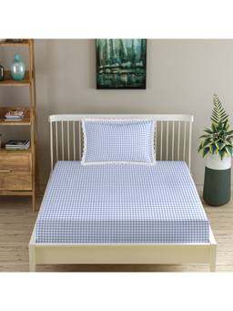 MORADO - Glace Cotton Fitted Single Bedsheet with Pillow Cover , White Purple Check