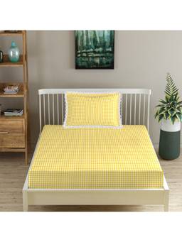 MORADO - Glace Cotton Fitted Single Bedsheet with Pillow Cover , White Yellow Check