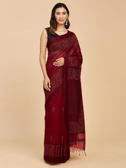 Fabindia - Maroon Cotton Silk Saree Without Blouse