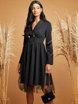 Styli - Black Mesh Insert Long Sleeves A-line Midi Dress