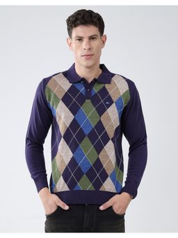 Monte Carlo - Men Purple Wool Blend Geometric Full Sleeves Regular Fit Polo T-Shirt