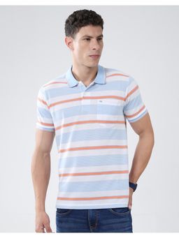 Monte Carlo - Men Blue Cotton Blend Stripes Half Sleeves Regular Fit Polo T-Shirt