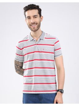 Monte Carlo - Men Grey Cotton Blend Stripes Half Sleeves Regular Fit Polo T-Shirt