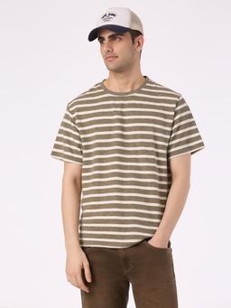 Pepe Jeans - Men Green Polycotton Stripes Half Sleeves Relaxed Fit T-Shirt