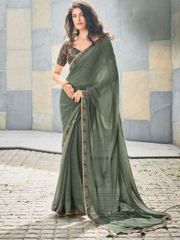 Akhilam - Womens Georgette Green Solid Designer Saree with Unstitched Blouse