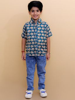 The Mom Store - Teal Elephant Print Boys Shirt