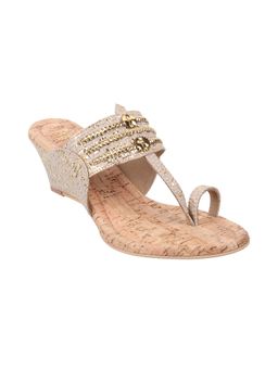 Mochi - Metro Womens Gold Wedges HeelsMochi Embellished-sequined Gold Kolhapuris