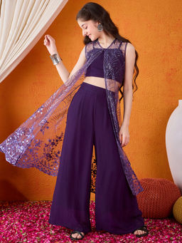 Cherry & Jerry - Woven Sleeveless Embellished Top & Palazzo with Shrug (Set of 3)