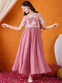 Cherry & Jerry - Woven Pink Embroidered Flared Maxi Dress