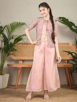 Cherry & Jerry - Woven Pink Embellished Top & Palazzo with Shrug (Set of 3)