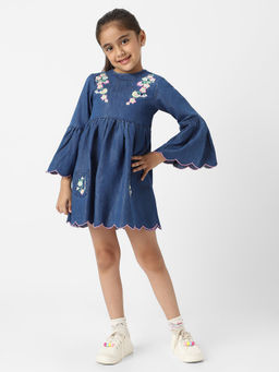 Nautinati - Girls Floral Embroidered Flared Fit Denim Dress