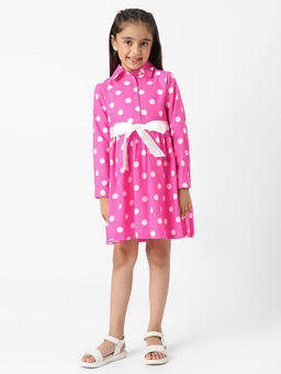 Nautinati - Girls Polka Printed Shirt Dress With Satin Tie-Up