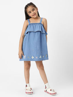 Nautinati - Girls Embroidered Strap Sleeve Denim Dress