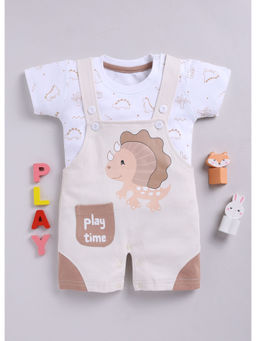 Toonyport - Beige Cotton Printed Dungaree with T-shirt (Set of 2)
