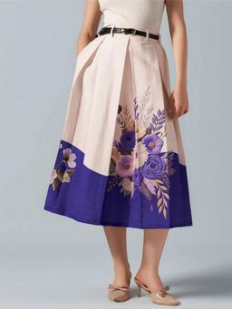 Twenty Dresses by Nykaa Fashion - Womens Fine Floral Printed Blue Pleated Belt Loop Midi Skirt