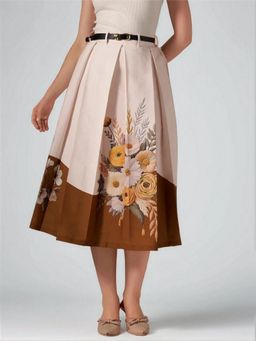Twenty Dresses by Nykaa Fashion - Womens Fine Floral Printed Brown Pleated Belt Loop Midi Skirt