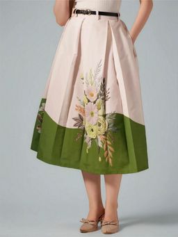 Twenty Dresses by Nykaa Fashion - Womens Fine Floral Printed Green Pleated Belt Loop Midi Skirt