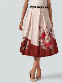 Twenty Dresses by Nykaa Fashion - Womens Fine Floral Printed Maroon Pleated Belt Loop Midi Skirt