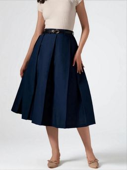 Twenty Dresses by Nykaa Fashion - Womens Fine Cotton Navy Blue Pleated Belted Loop Midi Skirt