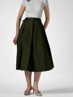 Twenty Dresses by Nykaa Fashion - Womens Fine Cotton Solid Green Pleated Belted Loop Midi Skirt
