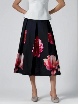 Twenty Dresses by Nykaa Fashion - Womens Fine Floral Printed Black Pleated Belt Loop Midi Skirt