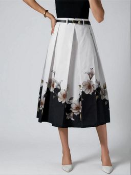 Twenty Dresses by Nykaa Fashion - Womens Fine Floral Printed Black Pleated Belt Loop Midi Skirt