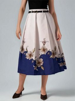 Twenty Dresses by Nykaa Fashion - Womens Fine Floral Printed Blue Pleated Belt Loop Midi Skirt