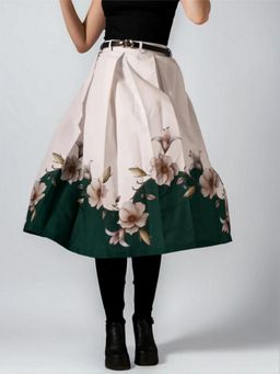 Twenty Dresses by Nykaa Fashion - Womens Fine Floral Printed Green Pleated Belt Loop Midi Skirt