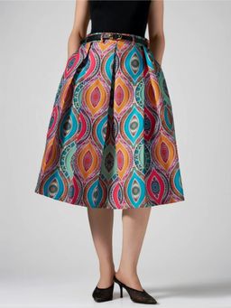 Twenty Dresses by Nykaa Fashion - Womens Fine Printed Multi-Color Pleated Belted Loop Midi Skirt