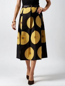 Twenty Dresses by Nykaa Fashion - Womens Fine Cotton Printed Black Pleated Belt Loop Midi Skirt