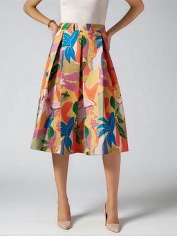 Twenty Dresses by Nykaa Fashion - Womens Fine Floral Printed Multi-Color Pleated Belt Loop Midi Skirt