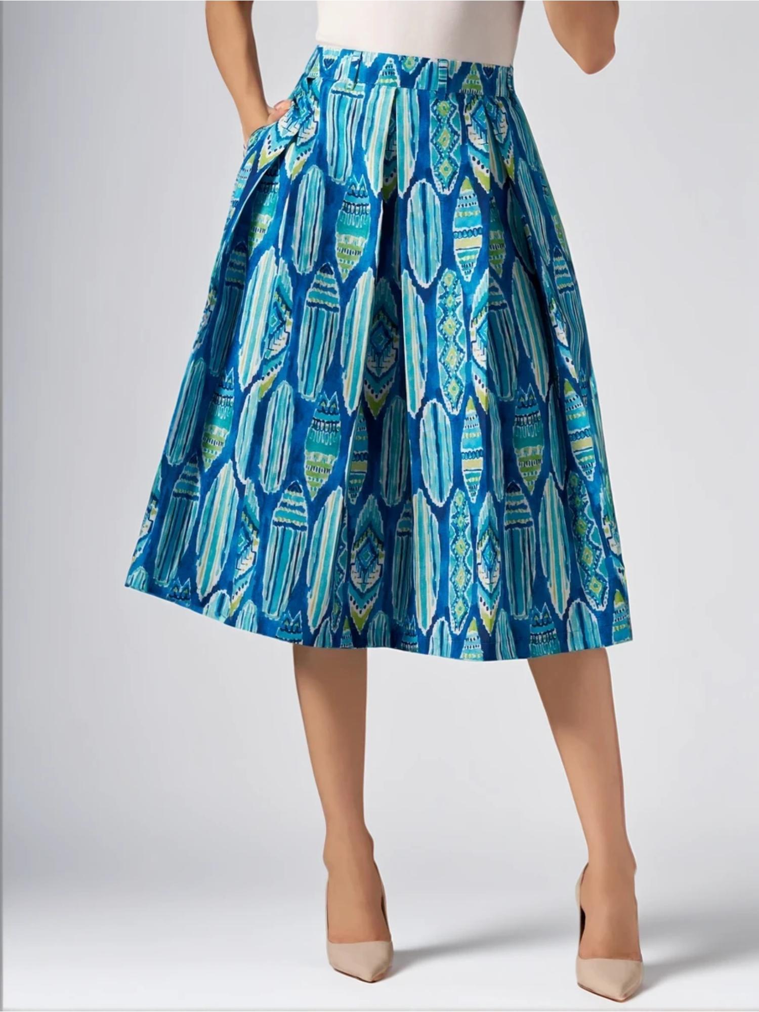 Womens Fine Cotton Printed Blue Pleated Belt Loop Midi Skirt-picture-29