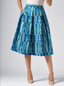 Twenty Dresses by Nykaa Fashion - Womens Fine Cotton Printed Blue Pleated Belt Loop Midi Skirt