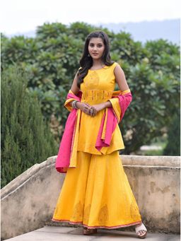 The Kapas - Yellow Kurta And Sharara With Dupatta (Set of 3)