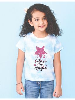 Nusyl - Girls Sky Blue Believe in Magic Graphic Printed Tie Dye T-Shirt