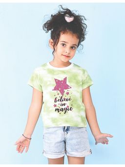 Nusyl - Girls Green Believe in Magic Graphic Printed Tie Dye T-Shirt