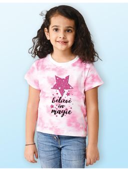 Nusyl - Girls Pink Believe in Magic Graphic Printed Tie Dye T-Shirt