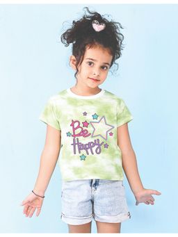 Nusyl - Girls Green Be Happy Graphic Printed Tie Dye T-Shirt