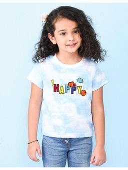 Nusyl - Girls Sky Blue Happy Graphic Printed Tie Dye T-Shirt