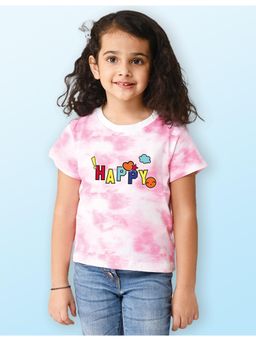 Nusyl - Girls Pink Happy Graphic Printed Tie Dye T-Shirt