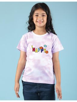 Nusyl - Girls Lilac Happy Graphic Printed Tie Dye T-Shirt