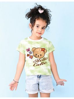 Nusyl - Girls Green Hellow Cutie Graphic Printed Tie Dye T-Shirt