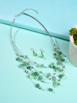 Sohi - Silver Plated Designer Green Stone Necklace and Earring (Set of 2)