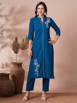 FASHOR - Blue Solid Floral Embroidered Straight Fit Cotton Kurta and Pant (Set of 2)