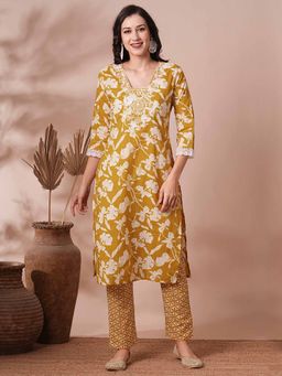 FASHOR - Mustard Floral Printed Embroidered Straight Fit Kurta and Pant (Set of 2)