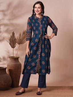 FASHOR - Blue Printed A-Line Pleated Kurta and Pant (Set of 2)