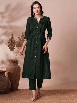 FASHOR - Green Solid Pin Tucked Embroidered A-Line Cotton Kurta and Pant (Set of 2)
