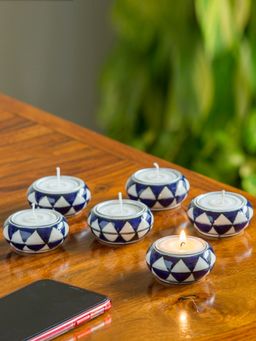 ExclusiveLane - Shimmering Mughals Geometric Hand-painted Tea-Light Holders In Ceramic (Set of 6)