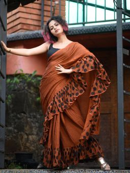 Suta - Brown Solid Pure Cotton Handloom Saree With Polka Printed Ruffle Border and Without Blouse
